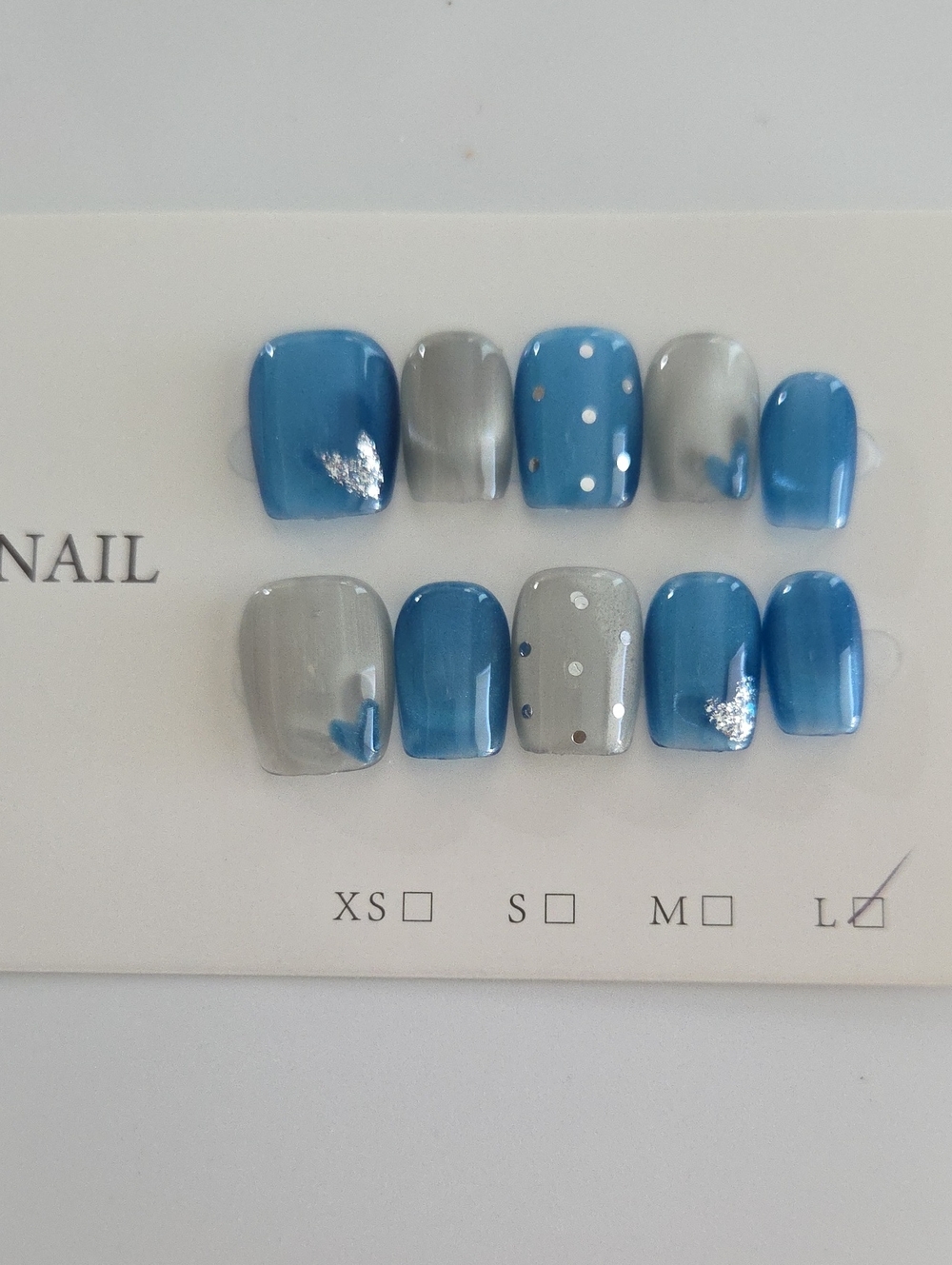 Blue and Gray Press-On Nail Set with Silver Accents - Brand: